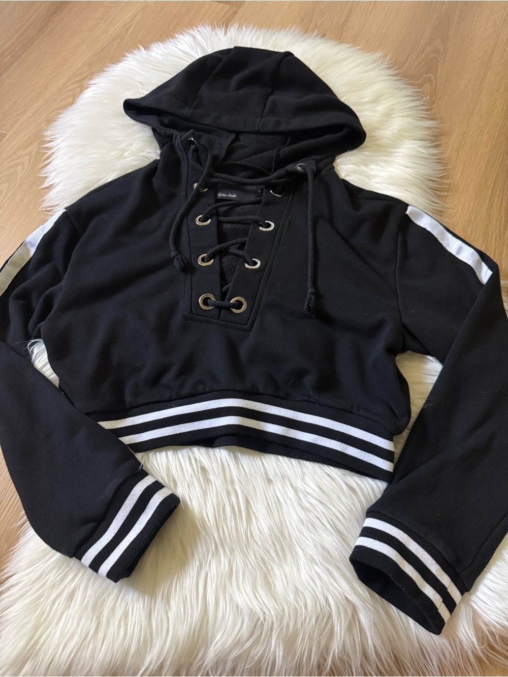 Black Lace-Up Cropped Hoodie with White Stripe Detail